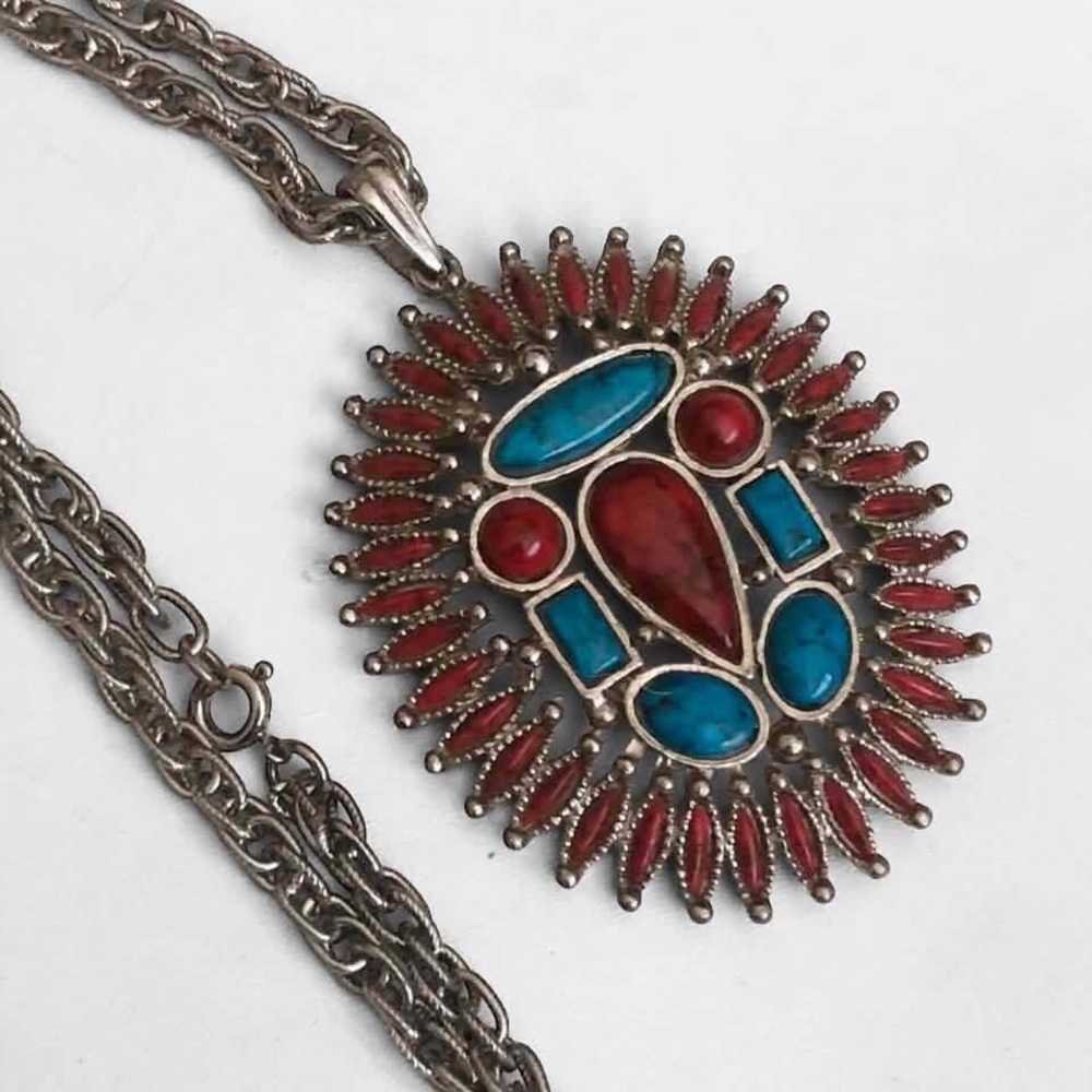 Vintage Faux Turquoise Coral Pendant Necklace